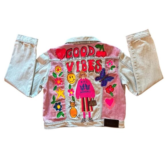 Hand painted  Good vibes acid fashion doll appliqué girls denim jacket 12-14 XL - Picture 2 of 14